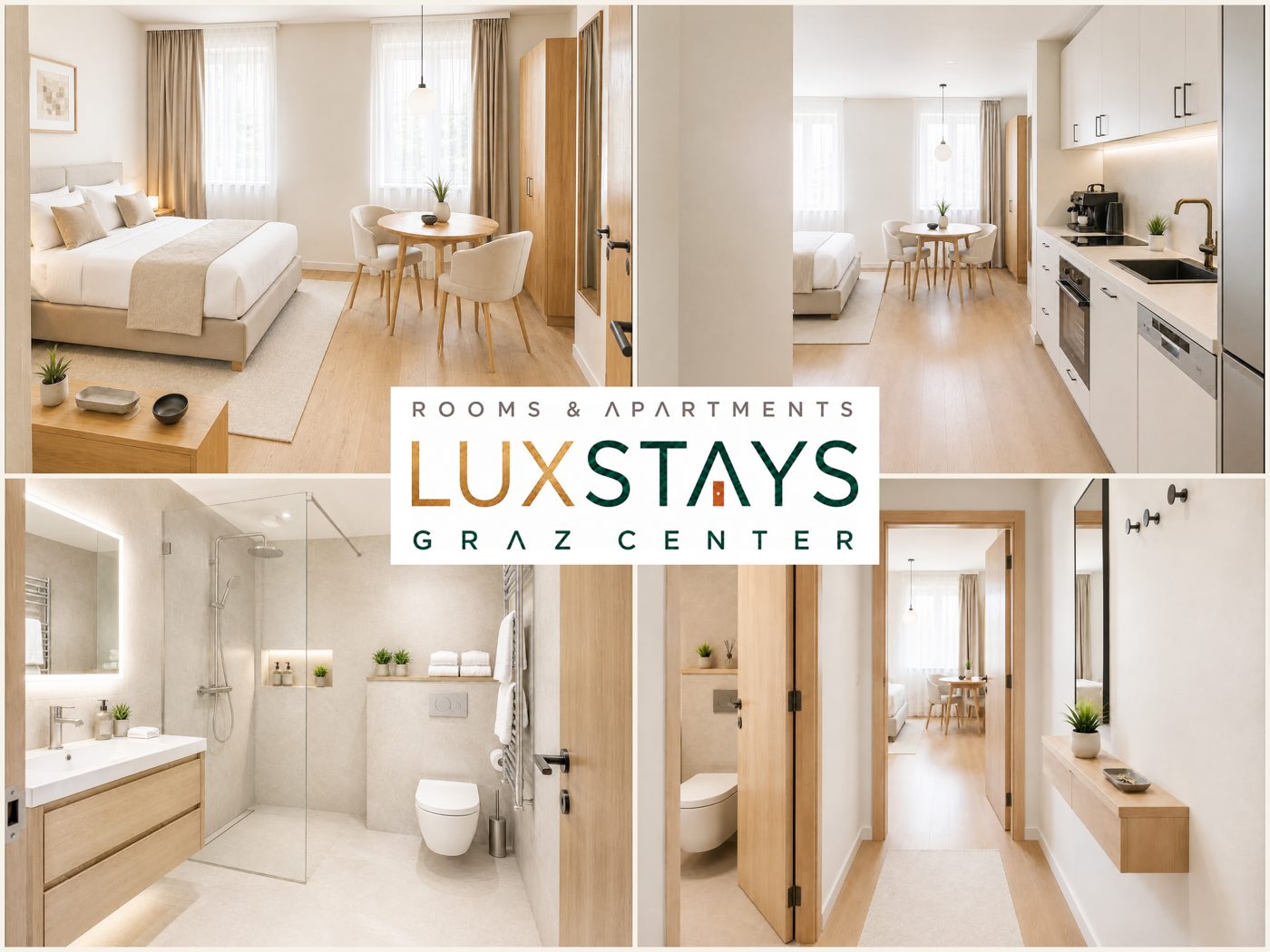 LUX STAYS Graz Center: Schlafbereich mit Essplatz, Küche, Badezimmer und Vorraum eines Apartments