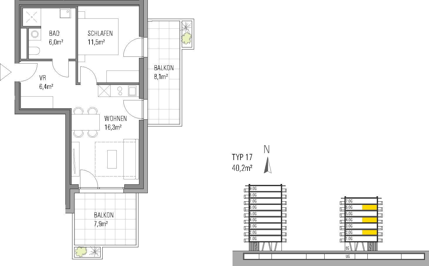 Grundriss – Klagenfurt · Neubau: 2-Zimmer-Anlegerwohnung ca. 40 m² · Oasis City Life Klagenfurt · Kurzzeitvermietung · provisionsfrei