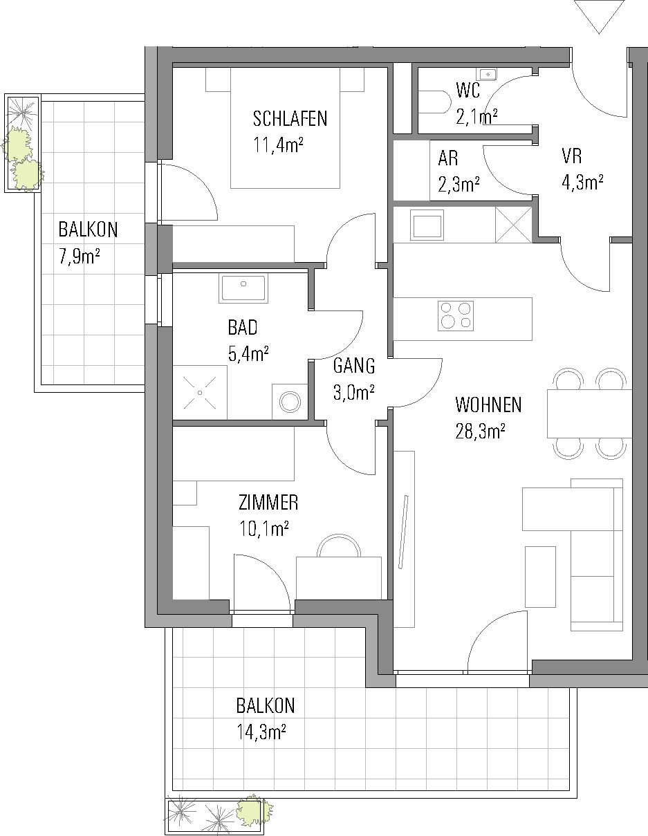 Grundriss – Klagenfurt · Neubau: 3-Zimmer-Anlegerwohnung ca. 67 m² · Oasis City Life Klagenfurt · Kurzzeitvermietung · provisionsfrei