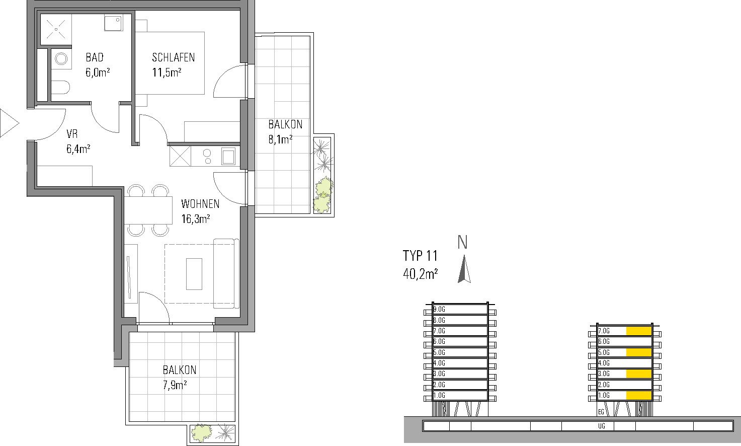 Grundriss – Klagenfurt · Neubau: 2-Zimmer-Anlegerwohnung ca. 40 m² · Oasis City Life Klagenfurt · provisionsfrei