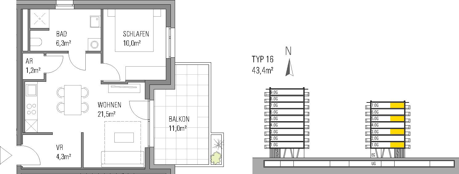 Grundriss – Klagenfurt · Neubau: 2-Zimmer-Anlegerwohnung ca. 43 m² · Oasis City Life Klagenfurt · provisionsfrei
