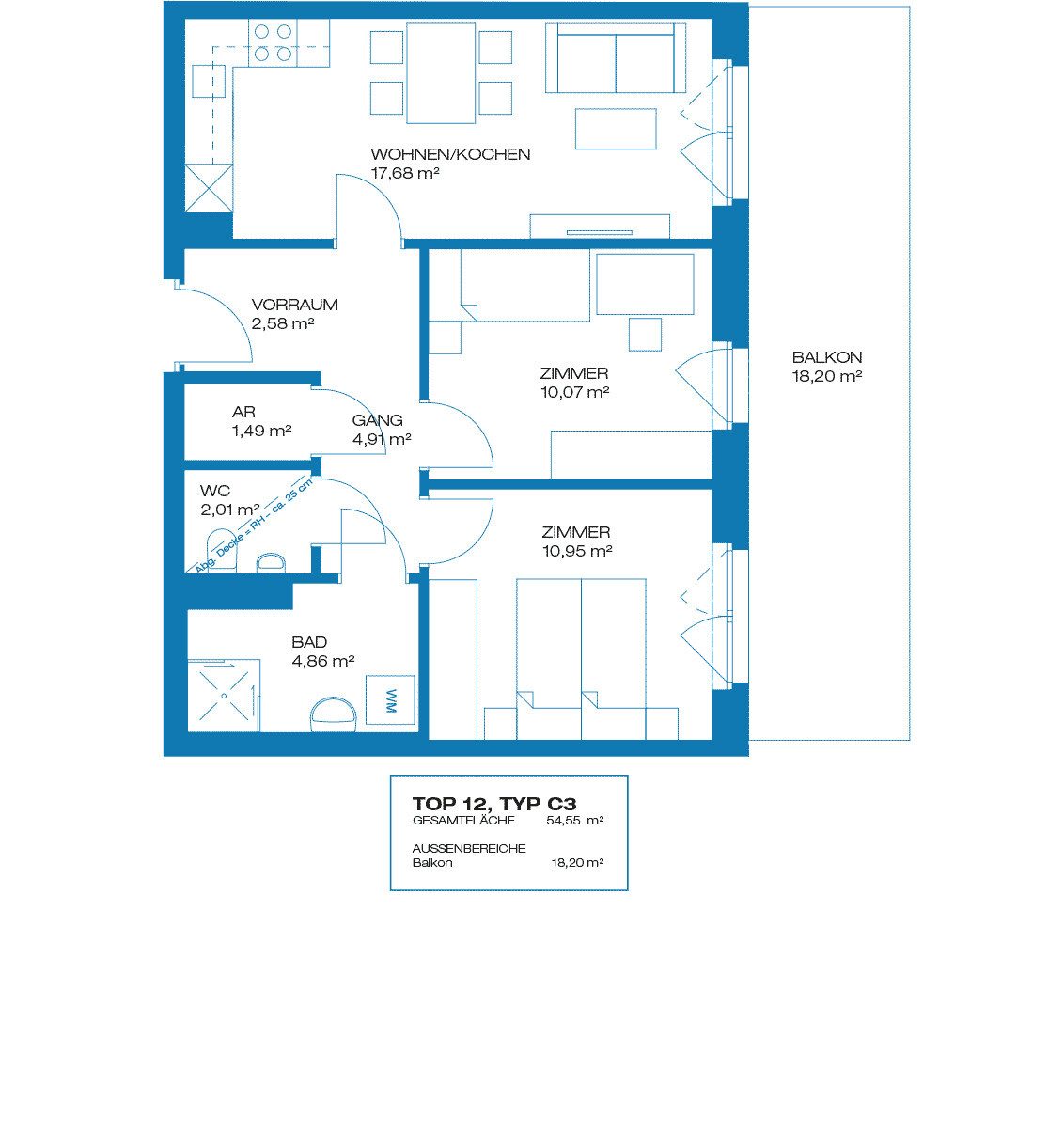 Grundriss – Graz-Puntigam · Bestand: 3-Zimmer-Anlegerwohnung ca. 55 m² · Brauquartier Puntigam BA09 · Kurzzeitvermietung · provisionsfrei