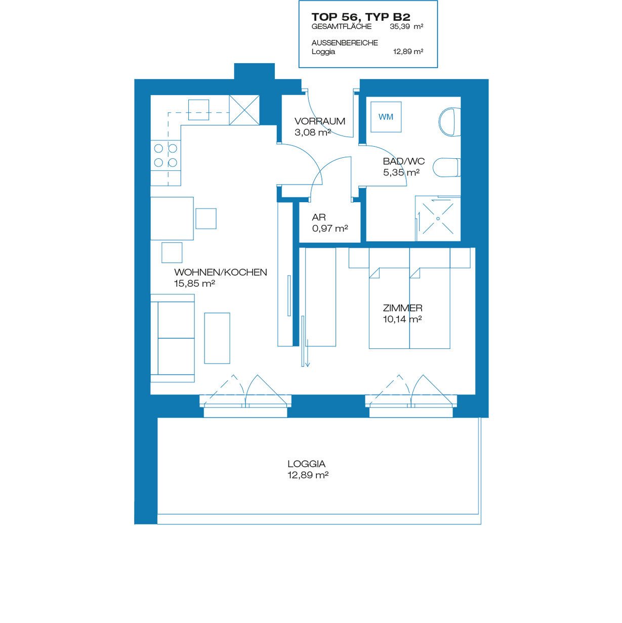 Grundriss – Graz-Puntigam · Bestand: 2-Zimmer-Anlegerwohnung ca. 35 m² · Brauquartier Puntigam BA09 · Kurzzeitvermietung · provisionsfrei