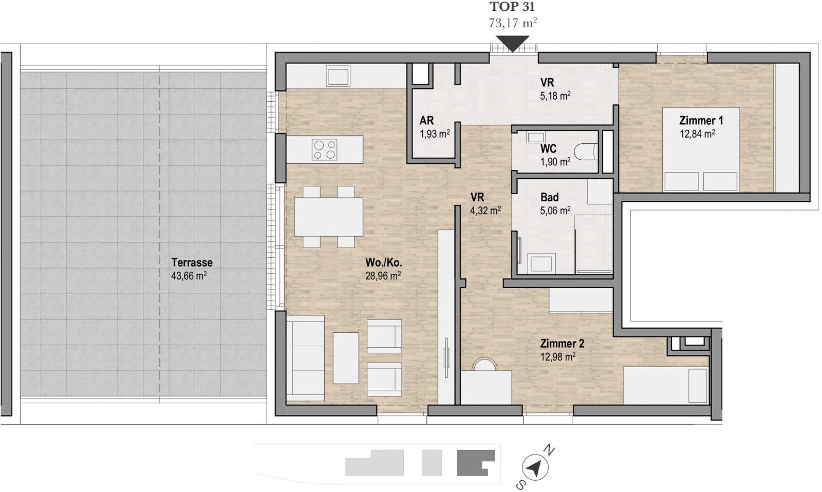 Grundriss – Graz-Geidorf · Neubau: 3-Zimmer-Anlegerwohnung ca. 73 m² · Geidorf Lindweg - Haus 2 · provisionsfrei