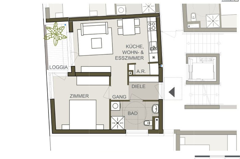 Grundriss – Graz-Gries · Bestand: 2-Zimmer-Anlegerwohnung ca. 44 m² · Living City · provisionsfrei