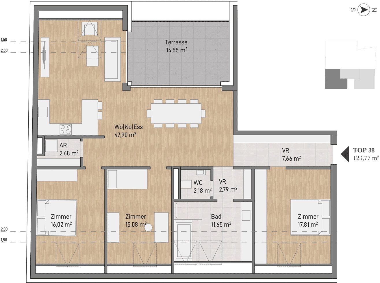 Grundriss – Graz-Gries · Neubau: 5-Zimmer-Anlegerwohnung ca. 124 m² · MurQuartier · Kurzzeitvermietung · provisionsfrei