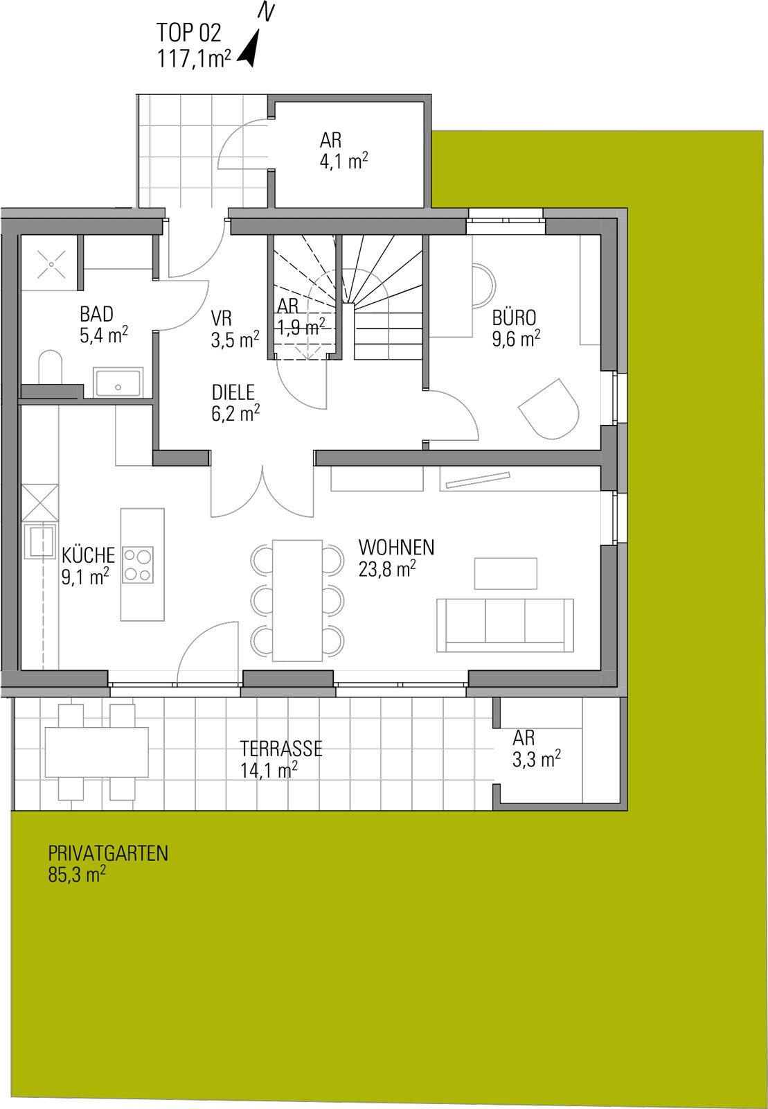 Grundriss – Kalsdorf · Bestand: 5-Zimmer-Anlegerwohnung ca. 117 m² · Oasis Smart Village Kalsdorf - Haus 1, 6, 7, 8, 9 · provisionsfrei