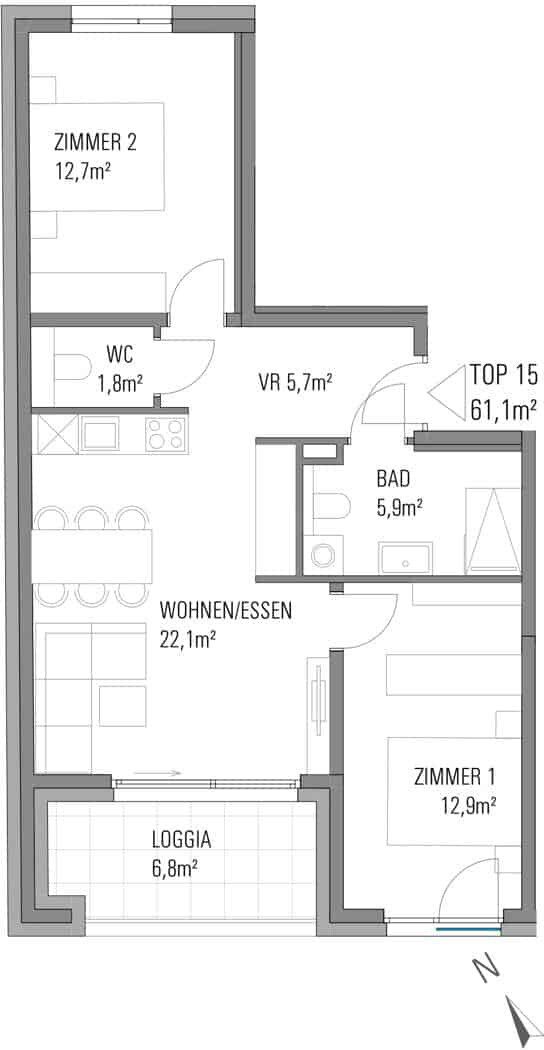 Grundriss – Graz-St. Leonhard · Neubau: 3-Zimmer-Anlegerwohnung ca. 61 m² · Oasis Uhlandgasse · Kurzzeitvermietung · provisionsfrei
