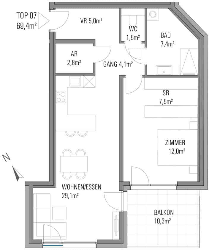 Grundriss – Graz-St. Leonhard · Neubau: 2-Zimmer-Anlegerwohnung ca. 69 m² · Oasis Uhlandgasse · provisionsfrei