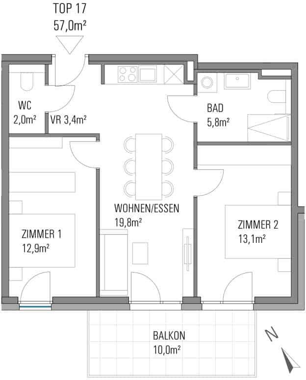 Grundriss – Graz-St. Leonhard · Neubau: 3-Zimmer-Anlegerwohnung ca. 57 m² · Oasis Uhlandgasse · provisionsfrei