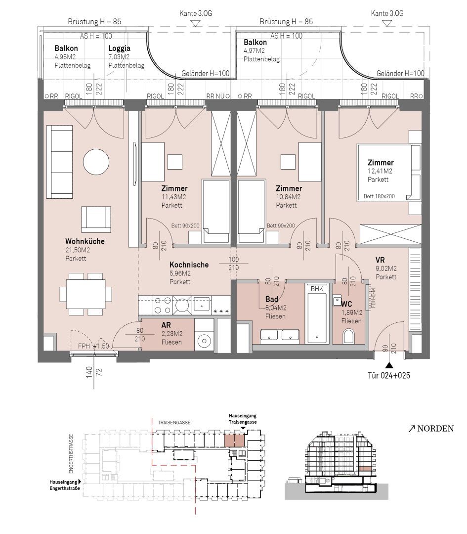 Grundriss – RESERVIERT · Wien-Brigittenau · Neubau: 4-Zimmer-Anlegerwohnung ca. 80 m² · Traisengasse · provisionsfrei
