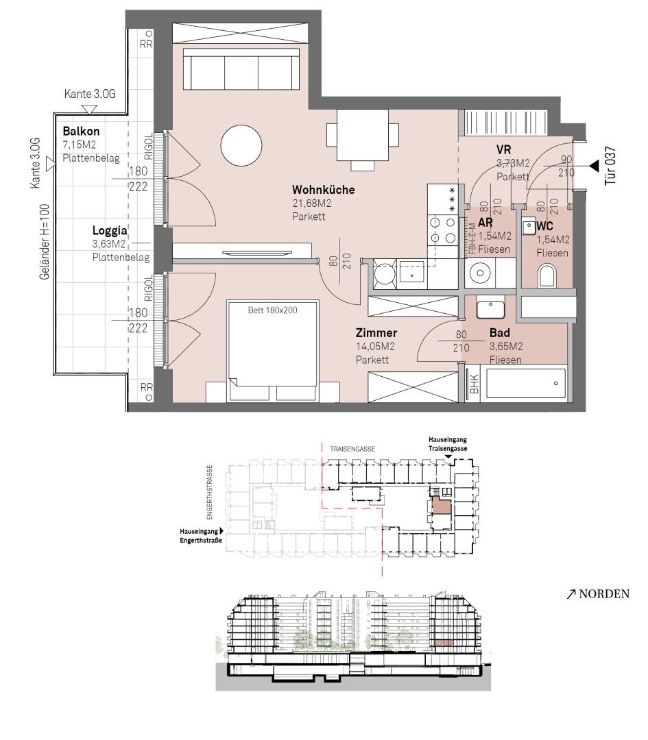 Grundriss – RESERVIERT · Wien-Brigittenau · Neubau: 2-Zimmer-Anlegerwohnung ca. 46 m² · Traisengasse · provisionsfrei