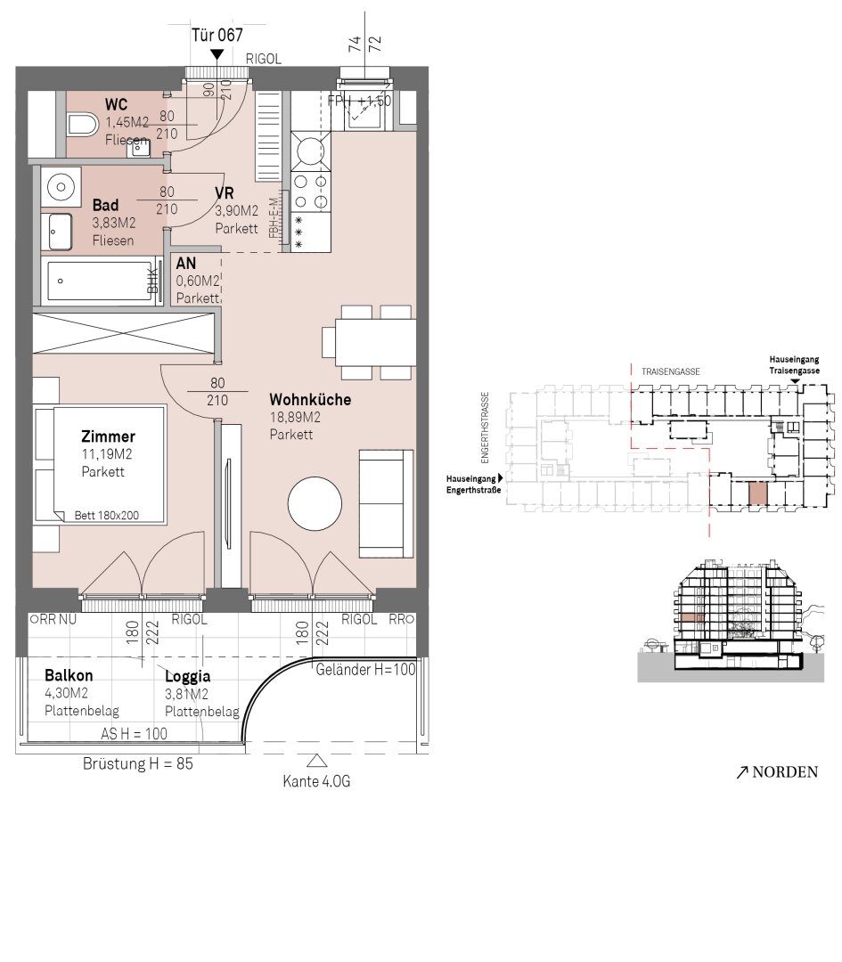 Grundriss – Wien-Brigittenau · Neubau: 2-Zimmer-Anlegerwohnung ca. 40 m² · Traisengasse · provisionsfrei