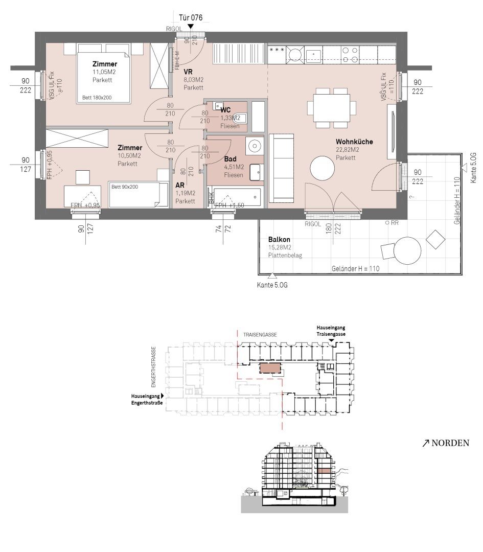 Grundriss – Wien-Brigittenau · Neubau: 3-Zimmer-Anlegerwohnung ca. 59 m² · Traisengasse · provisionsfrei