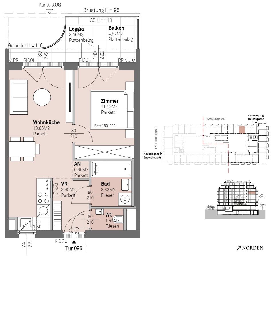 Grundriss – Wien-Brigittenau · Neubau: 2-Zimmer-Anlegerwohnung ca. 40 m² · Traisengasse · provisionsfrei
