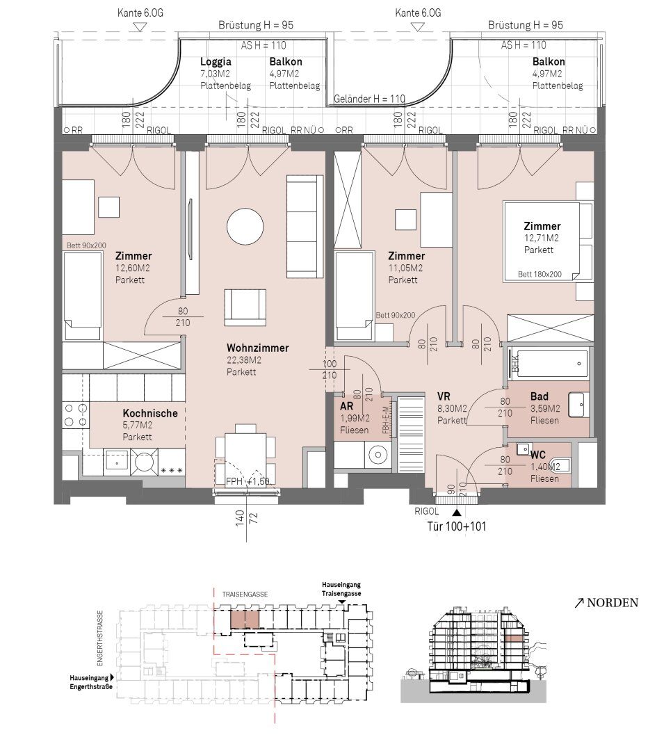 Grundriss – Wien-Brigittenau · Neubau: 4-Zimmer-Anlegerwohnung ca. 80 m² · Traisengasse · provisionsfrei