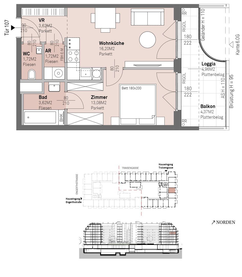 Grundriss – RESERVIERT · Wien-Brigittenau · Neubau: 2-Zimmer-Anlegerwohnung ca. 40 m² · Traisengasse · provisionsfrei