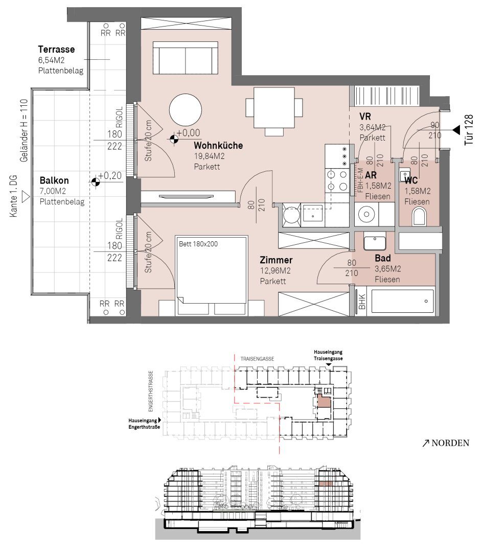 Grundriss – Wien-Brigittenau · Neubau: 2-Zimmer-Anlegerwohnung ca. 43 m² · Traisengasse · provisionsfrei