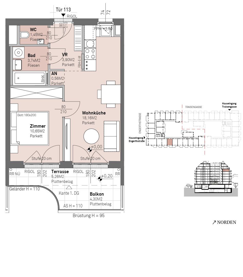 Grundriss – Wien-Brigittenau · Neubau: 2-Zimmer-Anlegerwohnung ca. 38 m² · Traisengasse · provisionsfrei