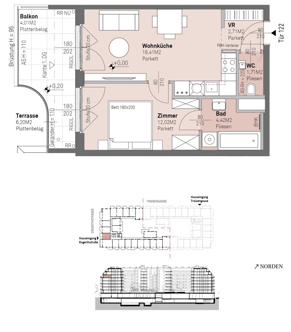 Grundriss – Wien-Brigittenau · Neubau: 2-Zimmer-Anlegerwohnung ca. 39 m² · Traisengasse · provisionsfrei