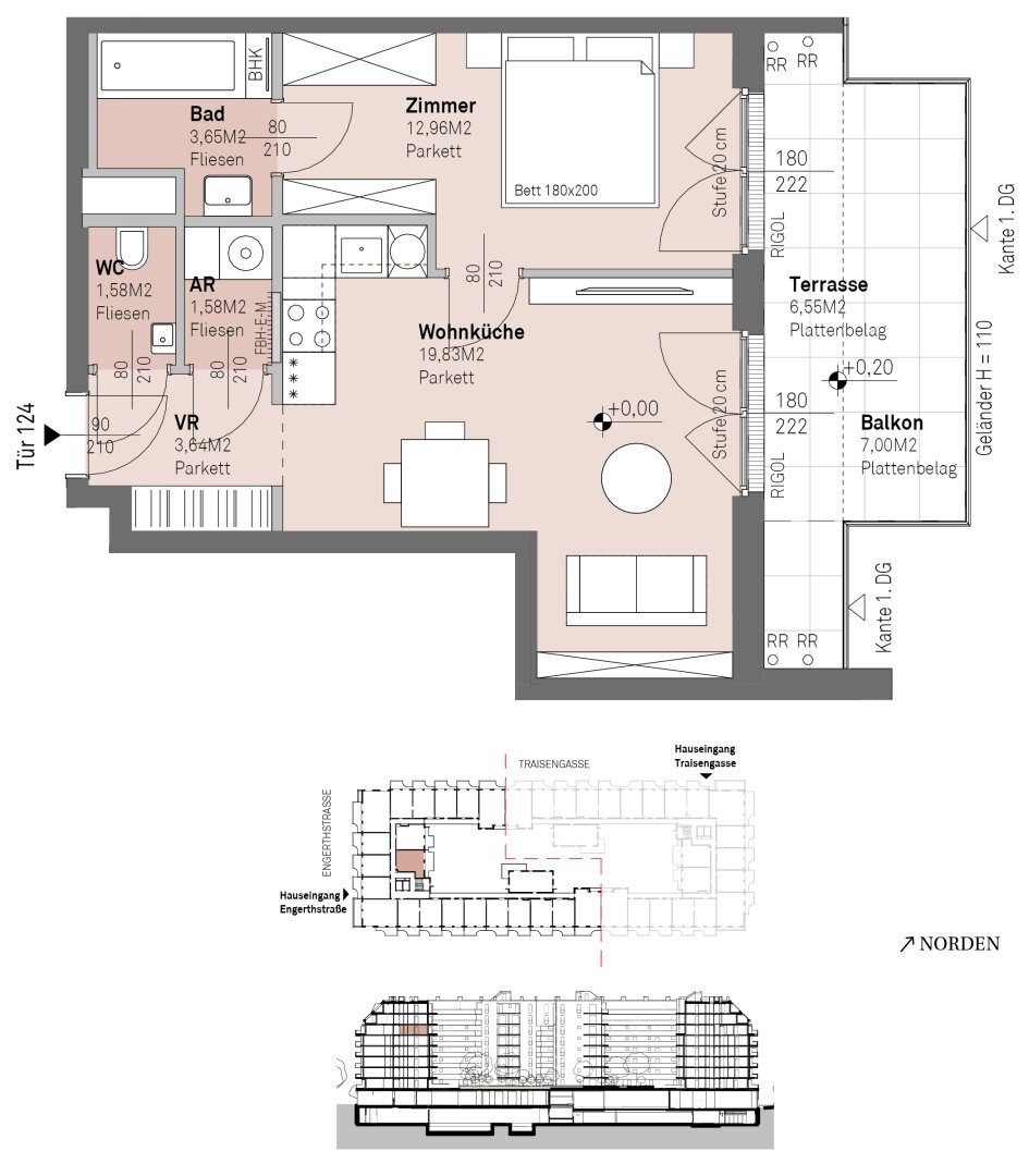 Grundriss – Wien-Brigittenau · Neubau: 2-Zimmer-Anlegerwohnung ca. 43 m² · Traisengasse · provisionsfrei