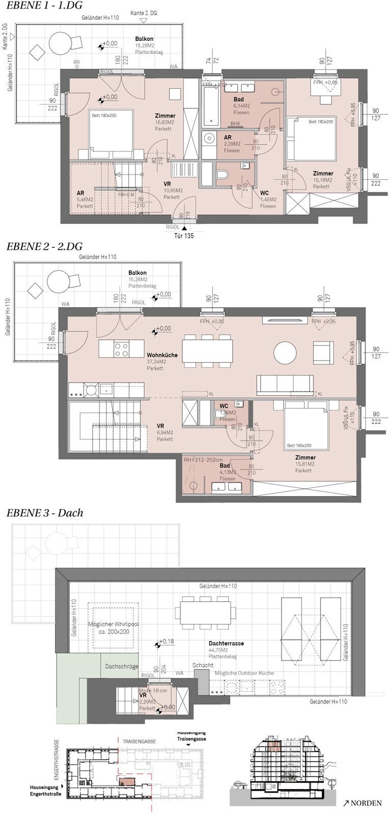 Grundriss – RESERVIERT · Wien-Brigittenau · Neubau: 4-Zimmer-Anlegerwohnung ca. 126 m² · Traisengasse · provisionsfrei
