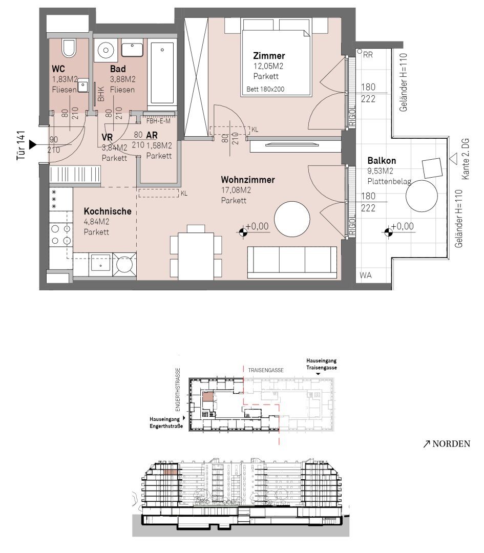 Grundriss – Wien-Brigittenau · Neubau: 2-Zimmer-Anlegerwohnung ca. 45 m² · Traisengasse · provisionsfrei