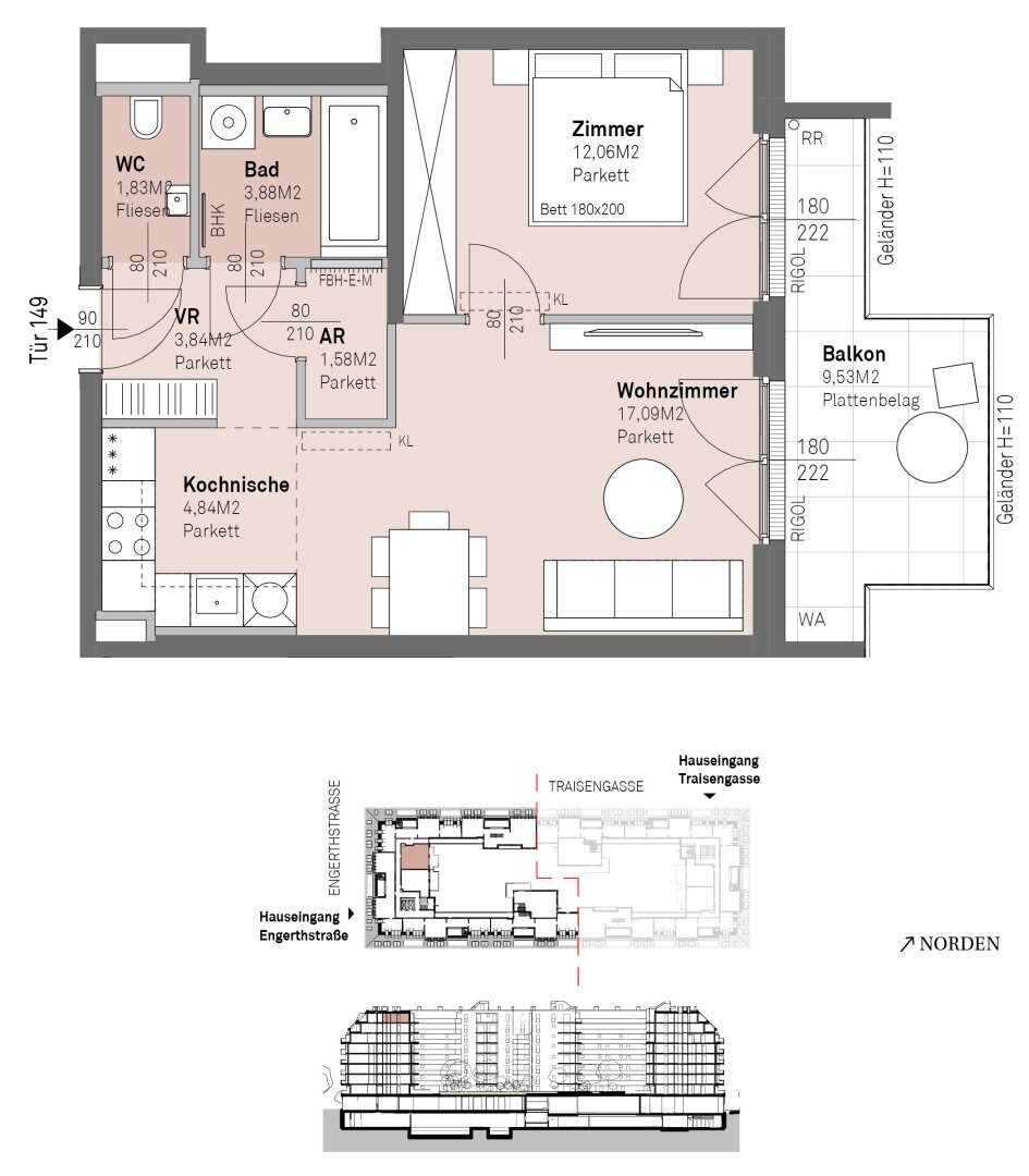 Grundriss – Wien-Brigittenau · Neubau: 2-Zimmer-Anlegerwohnung ca. 45 m² · Traisengasse · provisionsfrei