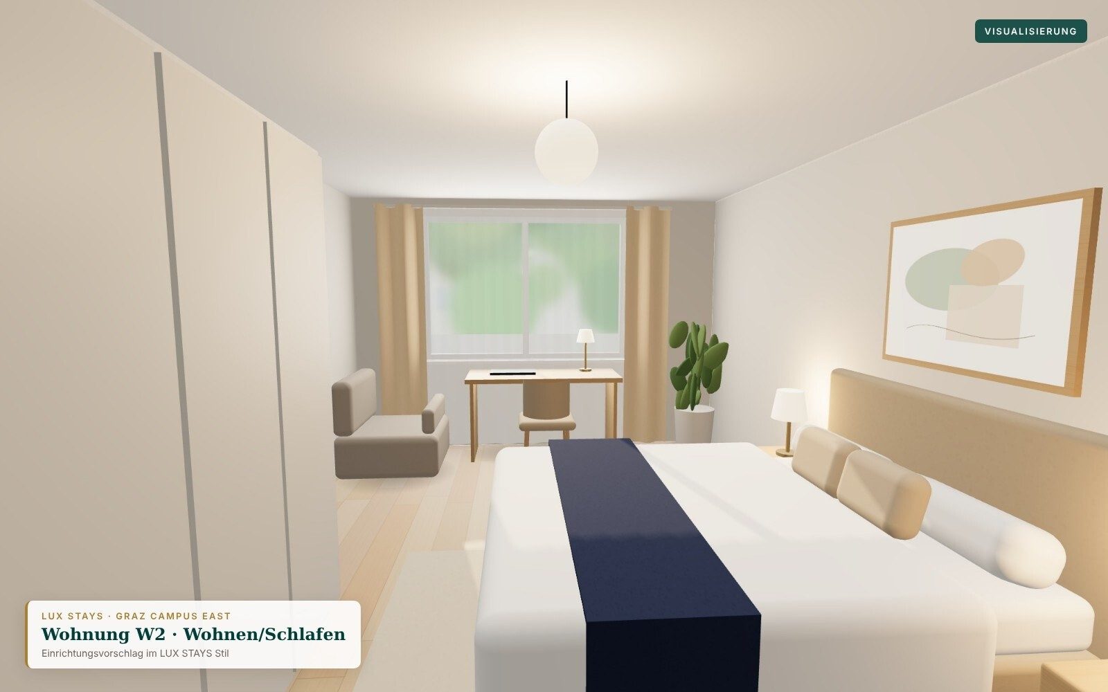 Visualisierung Wohnraum W2 – Einrichtungsvorschlag
